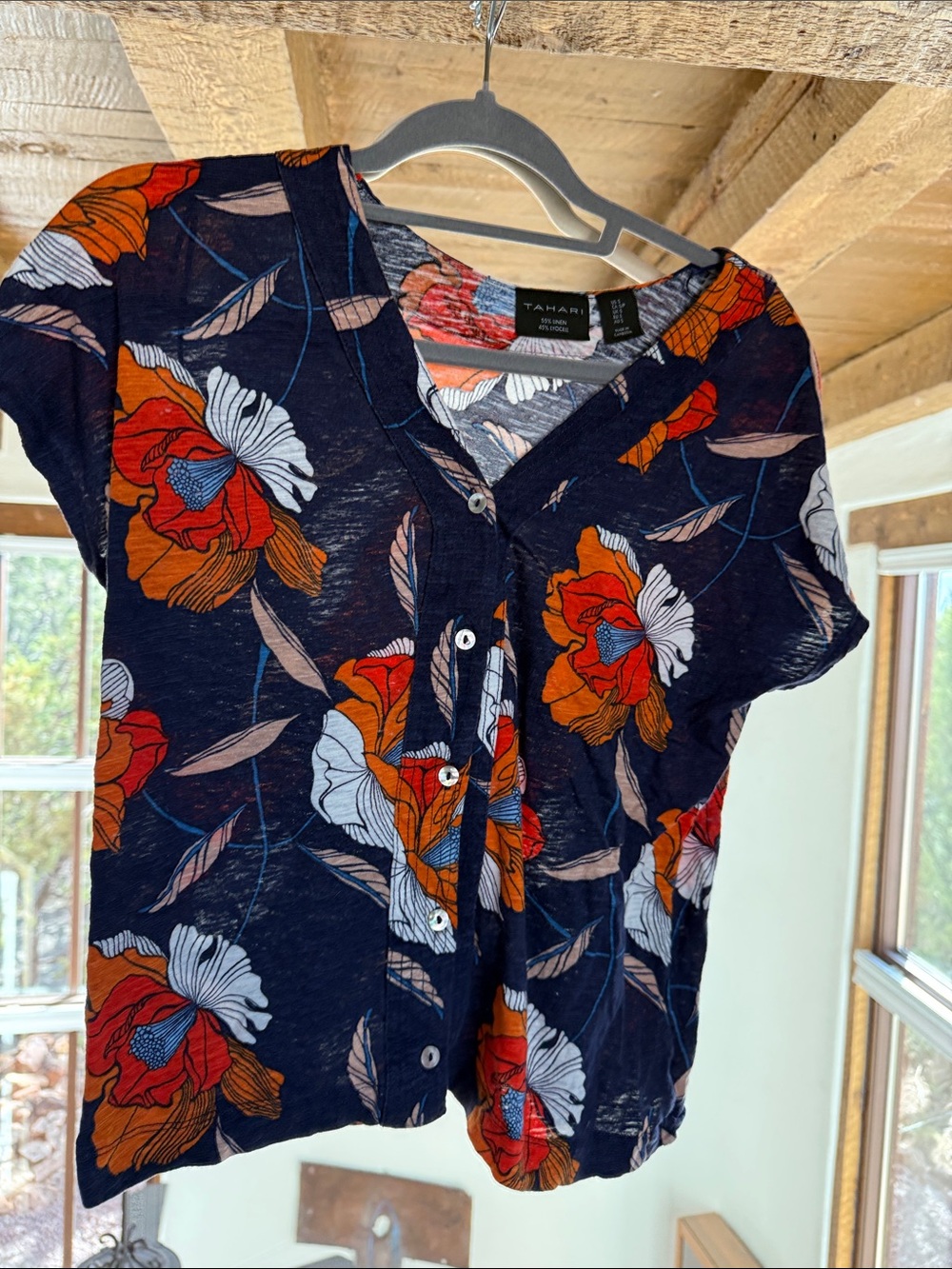 Tahari Navy Floral Short-Sleeve Button Front Top